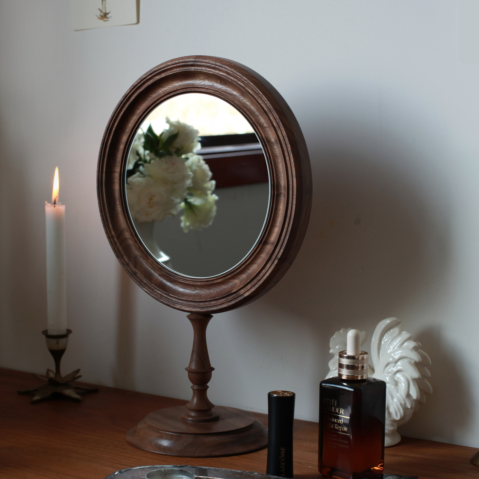 imooo原创法式复古镜子中古桌面化妆镜实木台式梳妆镜玄关装饰镜