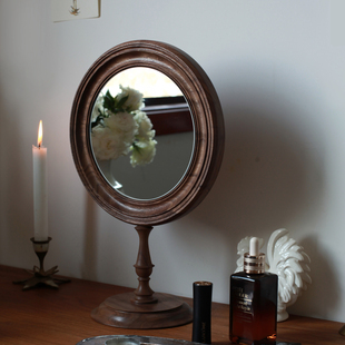 饰镜 梳妆镜玄关装 imooo原创法式 复古镜子中古桌面化妆镜实木台式