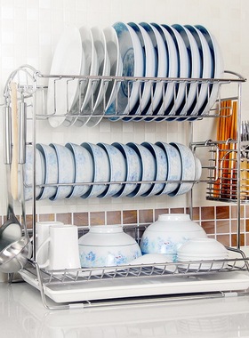 SDR一体式大号三层碗架沥水架 304不锈钢碗碟架厨房置物架碗盘架