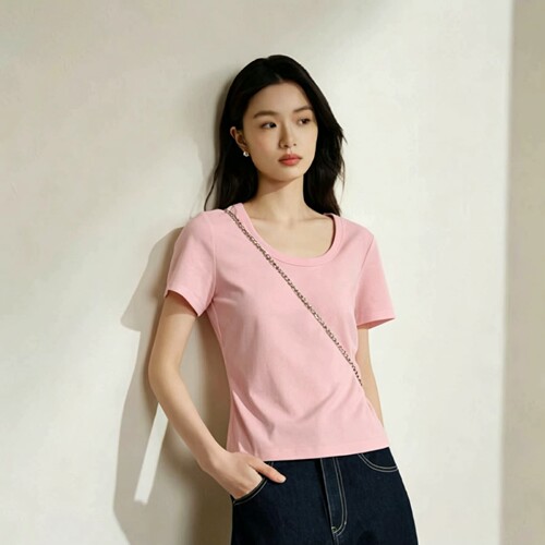 正肩短袖T恤女26夏季纯棉圆领修身显瘦短款百搭上衣