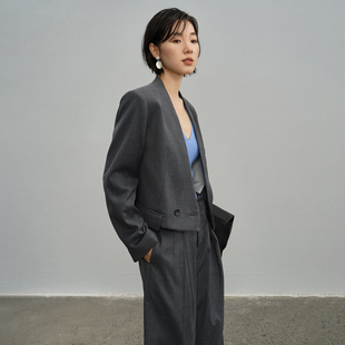 摩登优雅灰色长袖 外套26春季 新款 简约通勤百搭显瘦西服短上衣 西装
