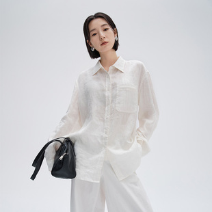 新品 宽松显瘦气质通勤长袖 时尚 女士韩版 上衣 百搭纯麻衬衫 2025秋季