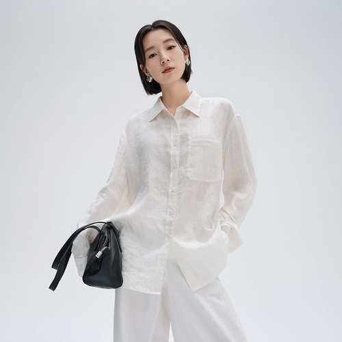 2025秋季新品时尚百搭纯麻衬衫女士韩版宽松显瘦气质通勤长袖上衣