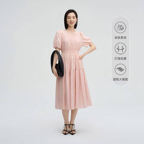 夏季甜美淑女泡泡袖收腰连衣裙