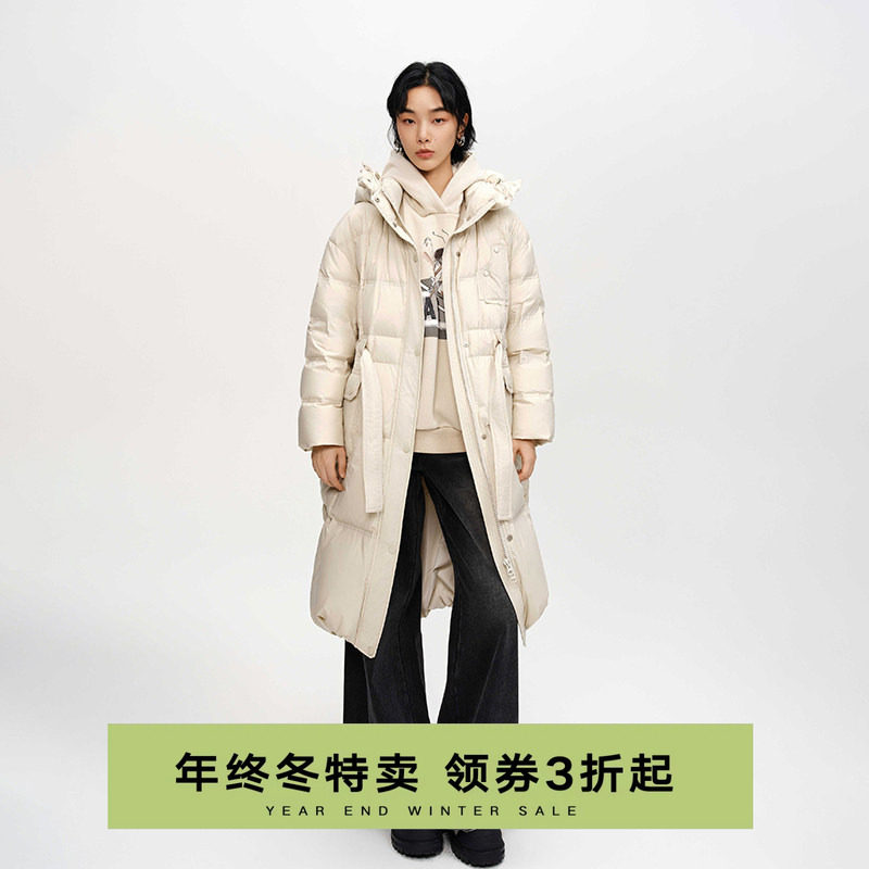 2025冬季新品连帽中长款羽绒服女纯色加厚设计感时尚百搭保暖外套