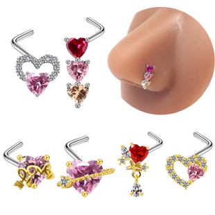 L杆心形锆石吊坠鼻钉欧美新款流苏鼻环爱心鼻环超仙鼻子钉饰品潮