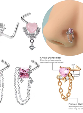 欧美外贸ins辣妹心形锆石吊坠L型鼻钉穿刺饰品Dangling Nose Ring