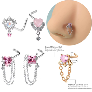 欧美外贸ins辣妹心形锆石吊坠L型鼻钉穿刺饰品Dangling Nose Ring