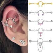 钛钢高级感中性男女同款 星芒长宽结构耳桥耳蜗耳骨钉双耳洞耳饰潮