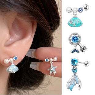 神秘海域/街头辣妹Y2k蓝海星珍珠美鱼尾鱼骨滴油闪耀钛钢耳骨钉