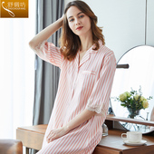 舒绸坊重磅桑蚕丝绸睡裙女士夏季 条纹性感公主风男友款 睡衣家居服