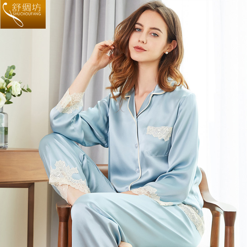 舒绸坊重磅真丝睡衣女士春秋夏桑蚕丝绸长袖蕾丝家居服套装可出门