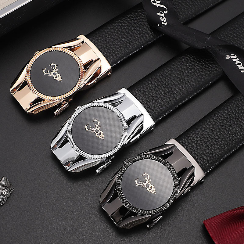 男士皮腰带自动扣简约真牛皮宽腰封皮带休闲商务荔枝纹新款欧美风