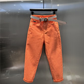 桔红色牛仔哈伦裤 宽松百搭小脚九分萝卜裤 大码 2024年春夏新款 垮裤