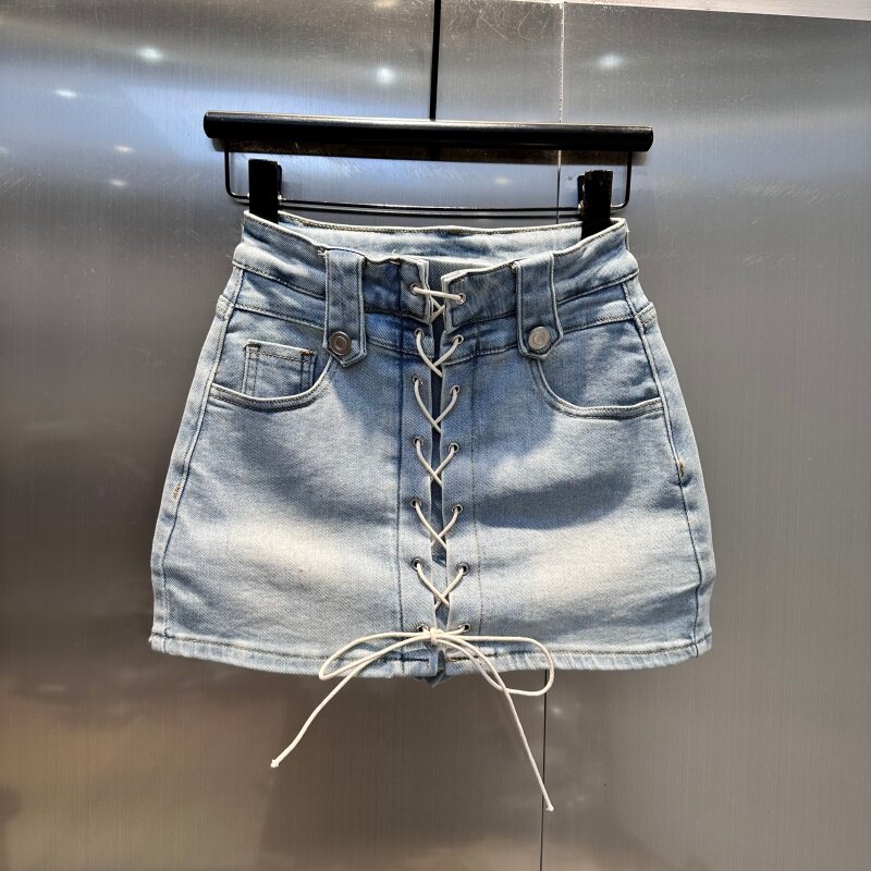 水洗复古辣妹牛仔短裙女2026夏季薄款高腰设计感绑带紧身辣妹短裙