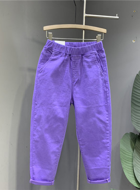 小个子八分弹力休闲松紧腰哈伦牛仔裤女2026年夏季新款紫色大码潮
