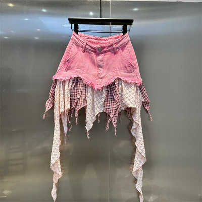 INS减龄小清新甜酷风格子拼接粉色牛仔短裙2026年夏季新款半身裙