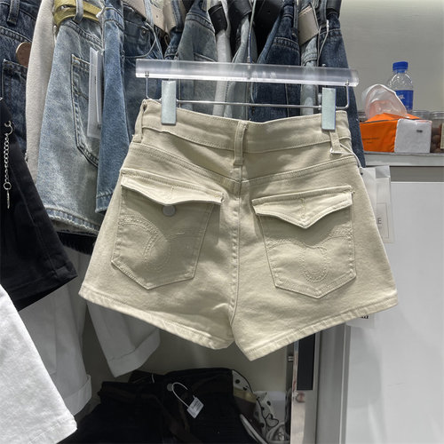 刺绣口袋设计休闲短裤高腰显瘦百搭浅卡色牛仔裤时尚流行简约热裤
