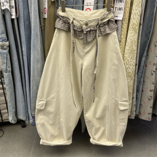 复古显瘦长裤 宽松阔腿裤 2026年春夏季 杏色格子腰头抽绳设计牛仔裤