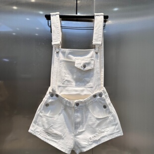 牛仔风背带短裤女夏季白色破洞水洗高腰宽松减龄百搭背带裤