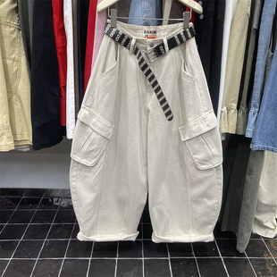 宽松牛仔裤 裤 纯色休闲水洗阔腿工装 流光杏多口袋设计感高腰弯刀裤