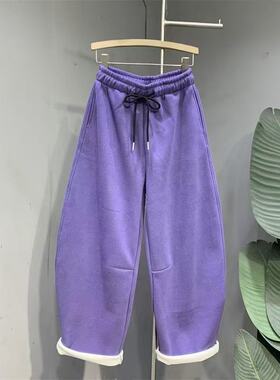 慵懒通勤加绒加厚紫色洋气百搭休闲卫裤2024冬季新款宽松显弯刀裤