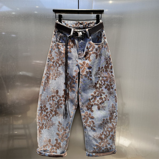 美式复古提花弯刀阔腿裤女2025年秋冬新款宽松显瘦双面植绒牛仔裤