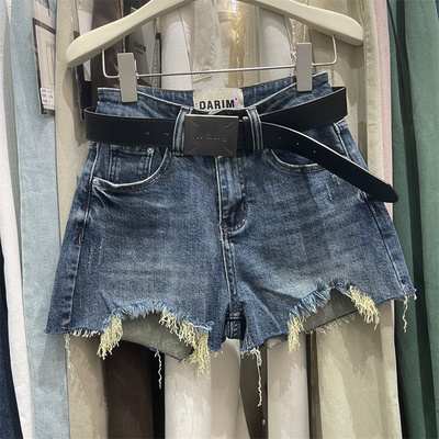 破洞毛边复古蓝色牛仔短裤欧货2026年夏季新款辣妹时尚阔脚热裤女