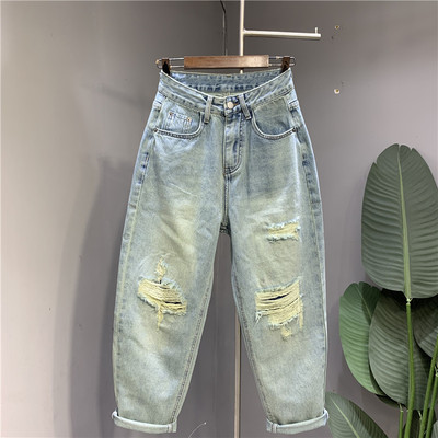 2026薄料浅蓝色破洞小脚哈伦裤
