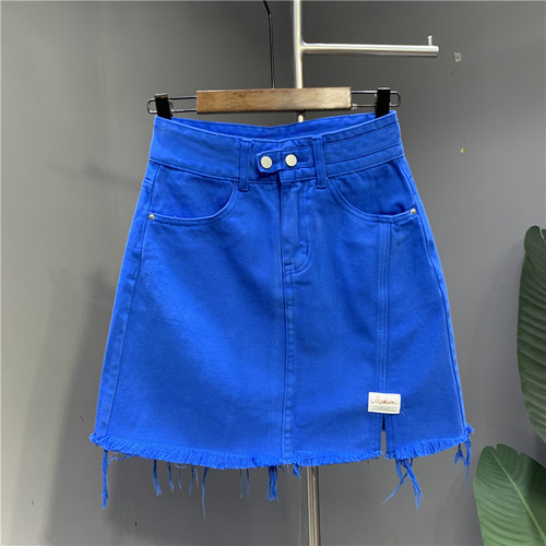 克莱因蓝水洗牛仔短裙A字包臀裙