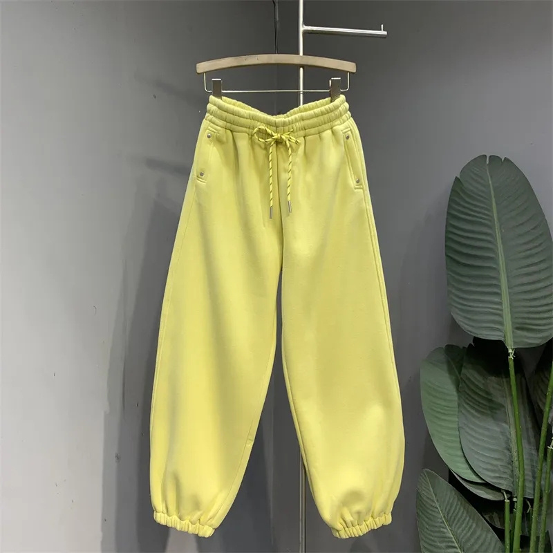 洋气百搭黄色加绒加厚休闲卫裤