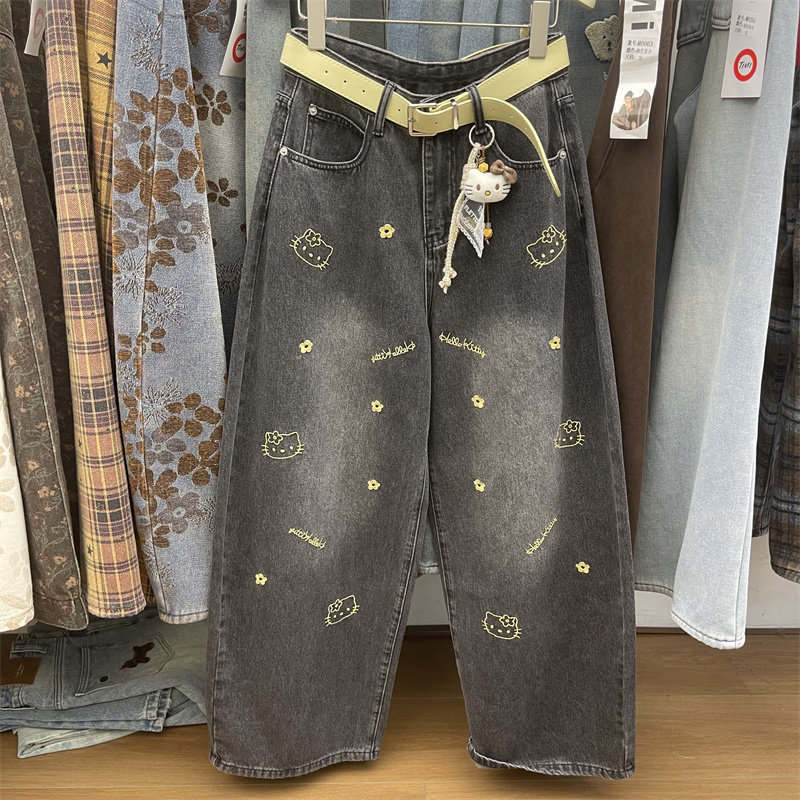 黑色做旧设计刺绣卡通小猫直筒牛仔裤女2026年春季新款甜酷阔腿裤,女装/女士精品,牛仔裤,淘宝优惠券,粉丝福利购,淘宝优惠卷