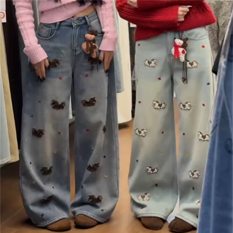 新年爆款毛巾刺绣小马驹牛仔裤女2025年冬季新款时尚加绒阔腿裤潮