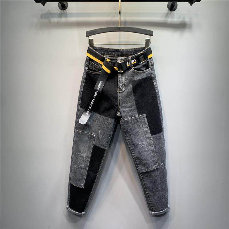 个性烟灰撞色拼接哈伦裤宽松显瘦