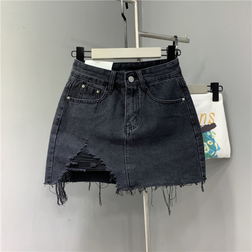 洋气破洞毛边黑色牛仔秋宽松短裙
