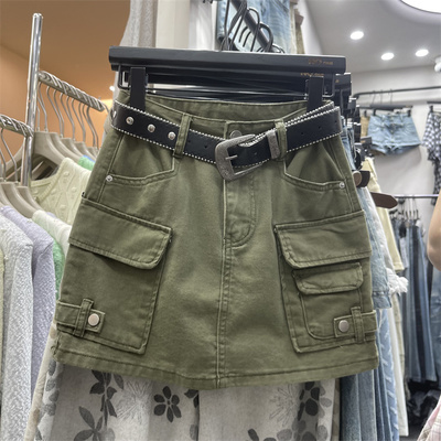 多口袋半身裙卡其色A字裙女