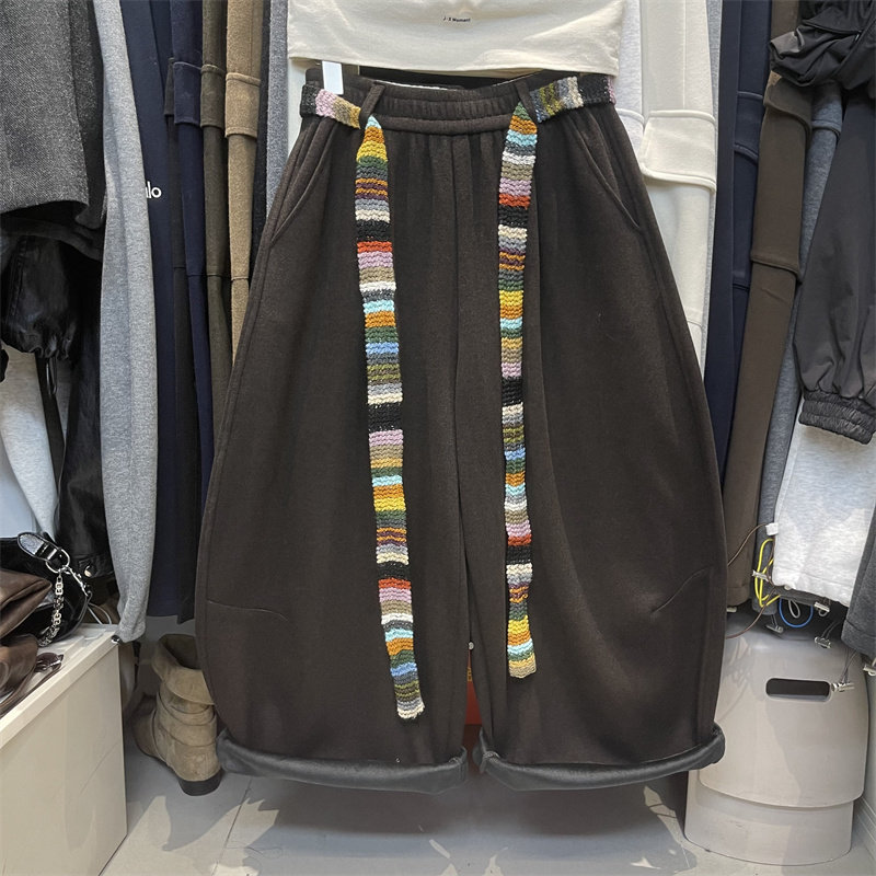 咖啡色复古做旧休闲阔腿裤女2025年秋冬新款加绒加厚保暖弯刀裤潮