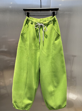 糖果绿色加绒加厚抽绳弯刀裤女2025年冬季新款时尚洋气束脚休闲裤