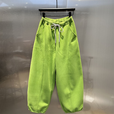 糖果绿色加绒加厚抽绳弯刀裤女2025年冬季新款时尚洋气束脚休闲裤