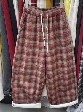 美式红色格子氛围感设计羊绒休闲裤女2025冬季新款加绒加厚阔腿裤