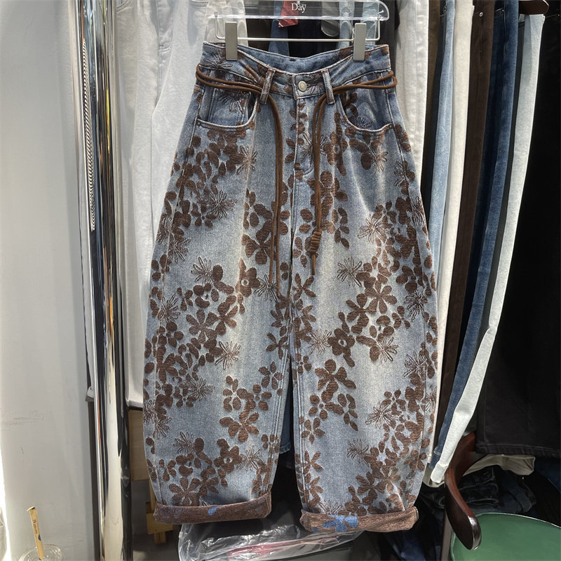 美式时尚复古印花植绒牛仔裤女2025年秋冬新款宽松显瘦时髦阔腿裤