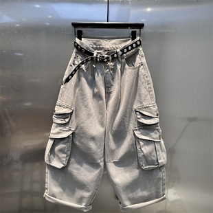 美式高街多口袋工装牛仔裤女2026夏季新款时髦炸街高腰阔腿8分裤