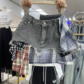 原创潮牌2026年夏季 烟灰色格子拼接牛仔a字辣妹小个子短裙飒 新款