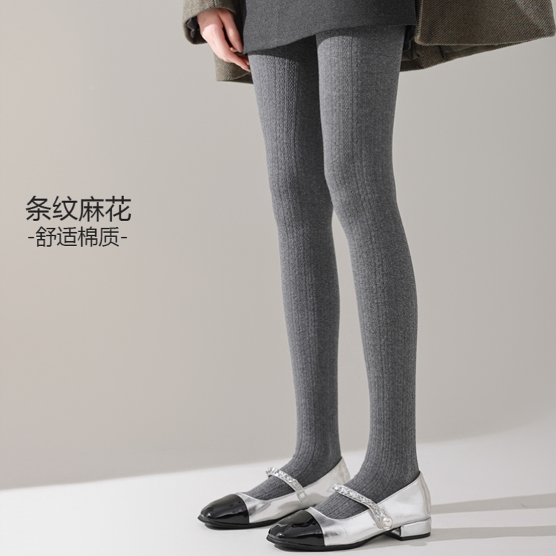 棉条纹麻花连裤袜女中灰色打底裤外穿加绒加厚螺纹紧身裤显瘦秋冬