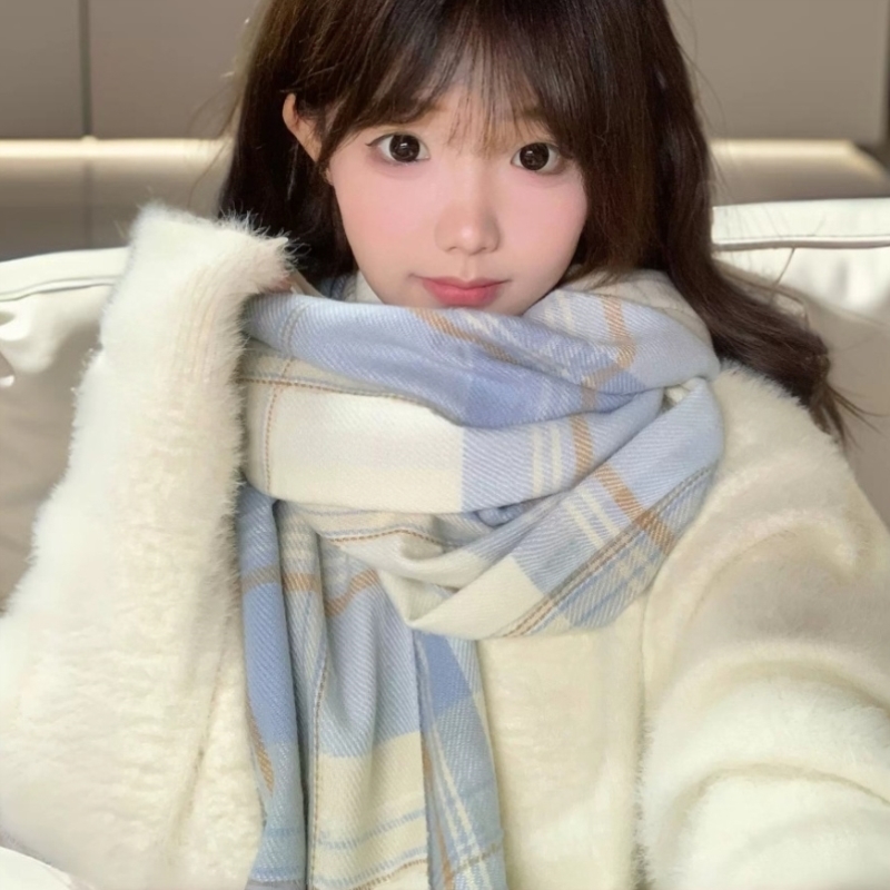 海盐芝士围巾女2025新款蓝格子百搭日系可爱保暖围脖Jk学生披肩冬