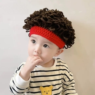 假发帽子宝宝男婴儿卷发秋冬季儿童爆炸头男童针织帽可爱搞笑冬天