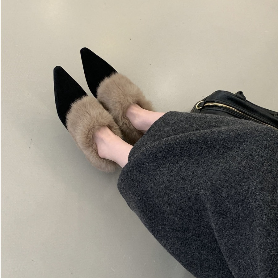 兔毛一脚蹬毛茸茸尖头低跟毛毛鞋女加绒棉鞋2025新款毛绒秋鞋