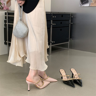 法式包头凉鞋女2026夏季新款尖头铆钉穆勒鞋气质时尚细高跟拖鞋