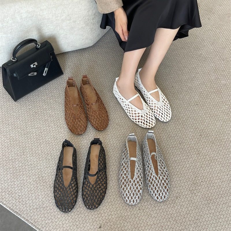 2025年新款编织平底单鞋一字带玛丽珍圆头镂空女凉鞋,女鞋,浅口单鞋,淘宝优惠券,粉丝福利购,淘宝优惠卷