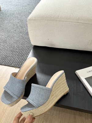 新款坡跟编织麻绳厚底防水台纯色凉拖鞋2025女夏方头露趾高跟鞋